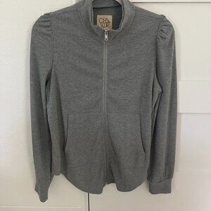 Chaser Gray Mock Neck Zip-up Puff Sleeve Sweater